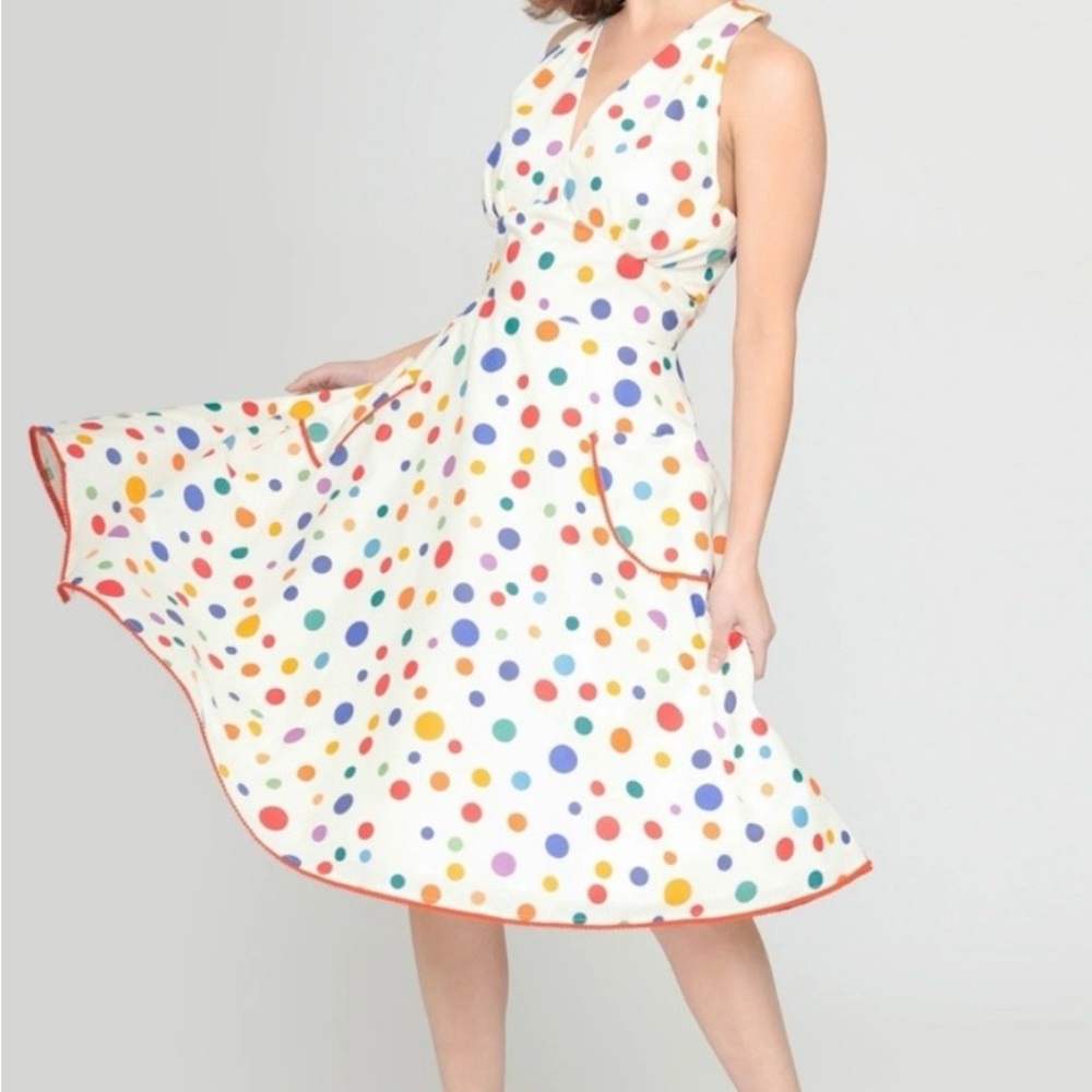 Unique Vintage Multicolor Polka Dot Midi Dress